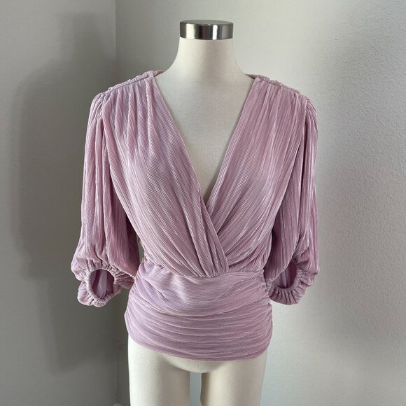 Express Womens Small Pleated Surplice Top Balloon Sleeve Lilac Mauve Pink Blouse - Picture 1 of 13